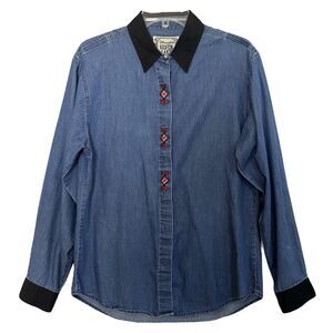 Wrangler Silver Lake Western Denim Shirt Womens L Aztec Southwestern Embroidered